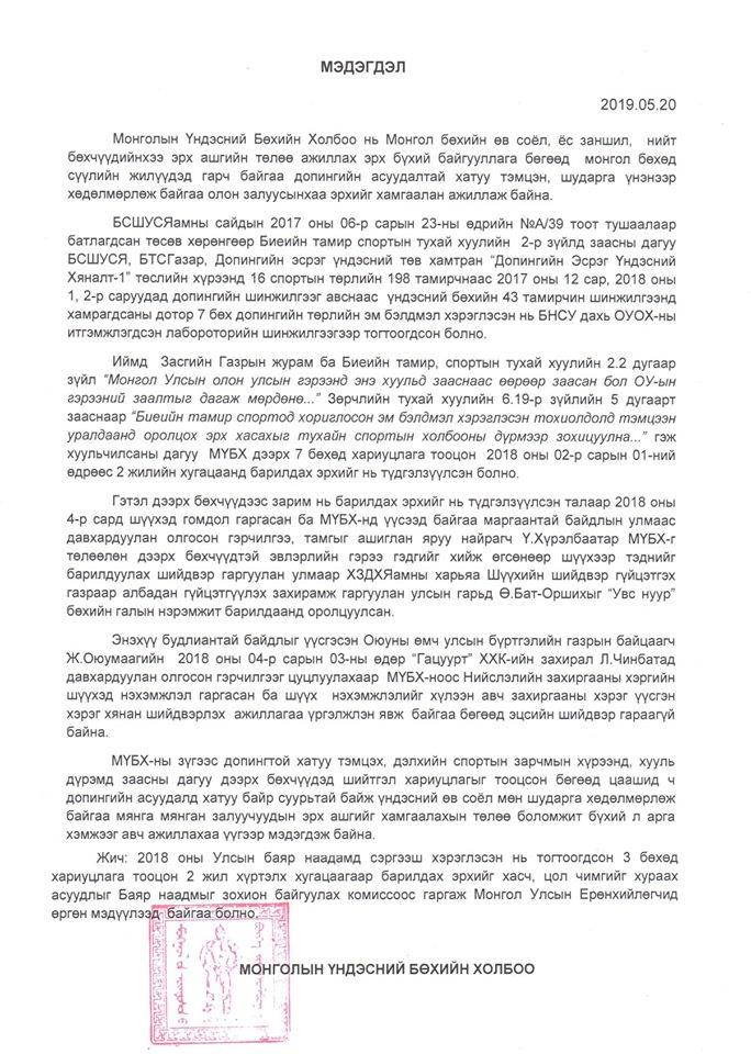 МҮБХ-ноос өнөөдөр гаргасан мэдэгдэл. 2019.05.20